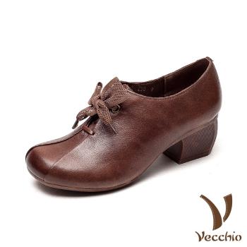【Vecchio】真皮休閒鞋粗跟休閒鞋 /全真皮頭層牛皮寬楦優雅折線綁帶造型粗跟休閒鞋 棕