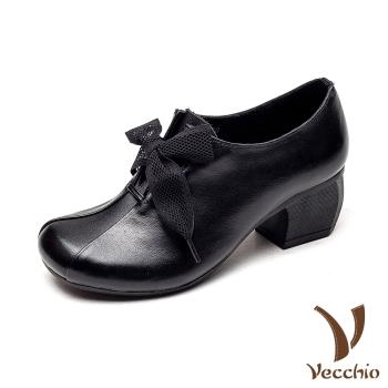 【Vecchio】真皮跟鞋粗跟跟鞋 /全真皮頭層牛皮寬楦優雅折線綁帶造型粗跟休閒鞋 黑