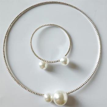 【ANGEL】極簡珍珠設計水鑽彈性圈圈手環項鍊組(2色可選)