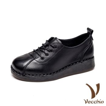 【Vecchio】真皮休閒鞋坡跟休閒鞋 /全真皮頭層牛皮復古拼接綁帶坡跟休閒鞋 黑