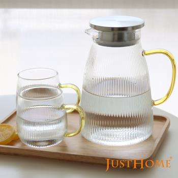 【Just Home】清透感線條耐熱玻璃一壺2杯組(茶壺+馬克杯)