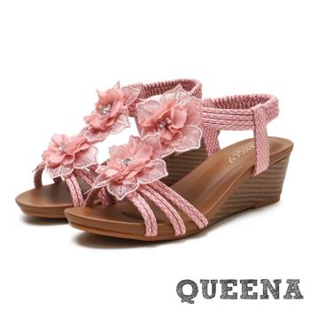 【QUEENA】蕾絲涼鞋坡跟涼鞋/甜美蕾絲立體花朵線繩造型典雅坡跟涼鞋 粉
