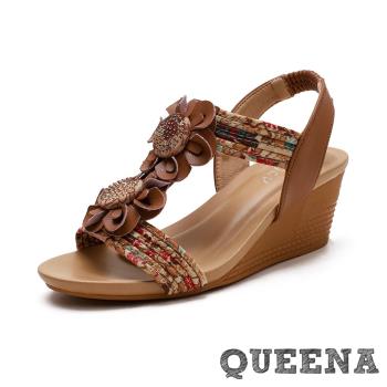【QUEENA】真皮涼鞋坡跟涼鞋/復古民族風彩色印花布繩花朵造型坡跟涼鞋 棕