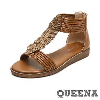 【QUEENA】真皮涼鞋厚底涼鞋/美鑽葉片線繩造型時尚羅馬涼鞋 棕