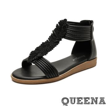 【QUEENA】真皮涼鞋厚底涼鞋/美鑽葉片線繩造型時尚羅馬涼鞋 黑