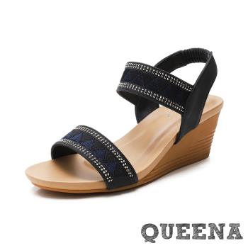 【QUEENA】一字涼鞋坡跟涼鞋/經典民族風一字織帶燙鑽造型坡跟羅馬涼鞋 黑