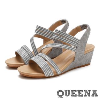 【QUEENA】金屬涼鞋坡跟涼鞋/金屬亮絲Z字帶造型時尚坡跟羅馬涼鞋 灰