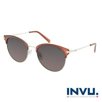 【INVU】瑞士輕透感貓眼眉框偏光太陽眼鏡(金 B1114B)