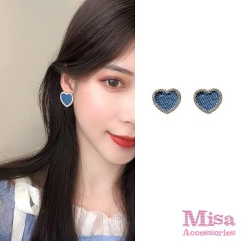 【MISA】韓國設計S925銀針個性牛仔布面美鑽愛心耳環