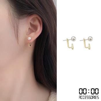 【00:00】韓國設計S925銀針設計感幾何金屬後掛式珍珠耳環
