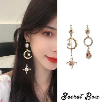 【SECRET BOX】韓國設計S925銀針巴洛克復古星月水鑽寶石不對稱耳環
