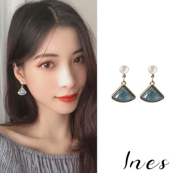 【INES】韓國設計S925銀針法式復古綠色扇形冰晶貓眼石耳環