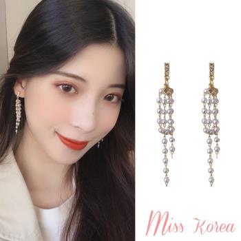 【MISS KOREA】韓國設計S925銀針法式美鑽溫柔氣質珍珠流蘇耳環