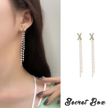 【SECRET BOX】韓國設計S925銀針氣質X字微鑲美鑽珍珠長流蘇耳環