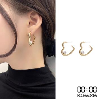 【SECRET BOX】韓國設計S925銀針簡約愛心線條珍珠耳環