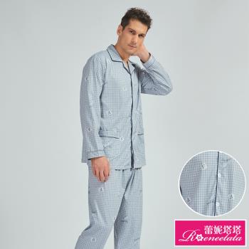 【蕾妮塔塔】灰藍格紋 男性長袖兩件式睡衣(R08217-6灰藍)