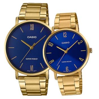 【CASIO 卡西歐】指針對錶 不鏽鋼錶帶 生活防水 礦物玻璃 藍面(MTP-VT01G-2B+LTP-VT01G-2B)
