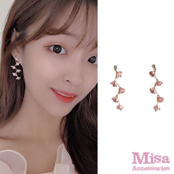 【MISA】韓國設計S925銀針甜美流蘇粉色花瓣造型耳環