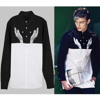 【摩達客】韓國進口EXO合作設計品牌DBSW Button Juggler扣子戲法黑白時尚純棉男士修身長袖襯衫