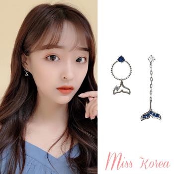 【MISS KOREA】韓國設計S925銀針海豚灣戀人細緻水鑽不對稱造型耳環