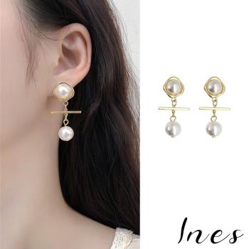 【INES】韓國設計S925銀針復古氣質金屬幾何珍珠耳環