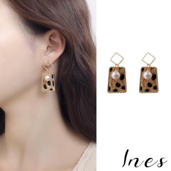 【INES】韓國設計S925銀針方形豹紋線條拼接復古珍珠耳環