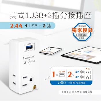 【聖岡科技Dr.AV】TNT-62U 1USB+2插 壁插 分接插座 2.4A(快充 3轉2 新安規)