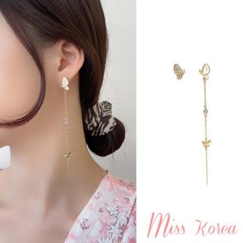【MISS KOREA】韓國設計S925銀針不對稱蝴蝶造型長流蘇耳環