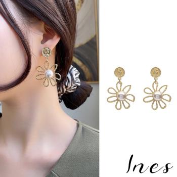 【INES】韓國設計S925銀針時尚人像錢幣縷空珍珠花朵造型耳環