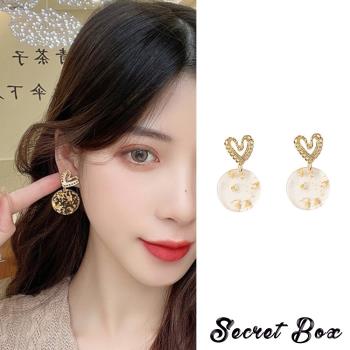 【SECRET BOX】韓國設計S925銀針縷空愛心金蔥圓片復古造型耳環