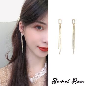 【SECRET BOX】韓國設計S925銀針氣質方形美鑽流蘇長款耳環