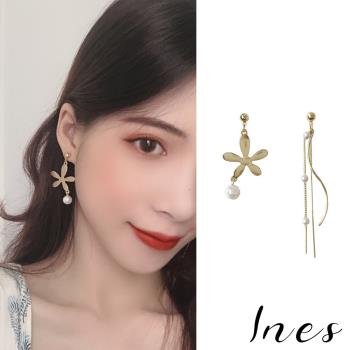 【INES】韓國設計S925銀針不對稱花朵珍珠流蘇墜造型耳環