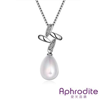 【Aphrodite 愛芙晶鑽】交錯方型鑲鑽珍珠項鍊(白金色)