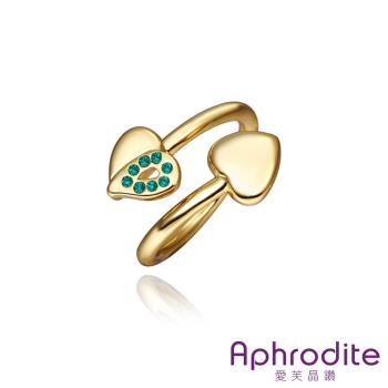 【Aphrodite 愛芙晶鑽】桃心葉片綠鑽造型水鑽戒指(黃金色) 