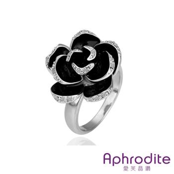 【Aphrodite 愛芙晶鑽】黑色玫瑰綴鑽造型鑲鑽戒指(白金色) 