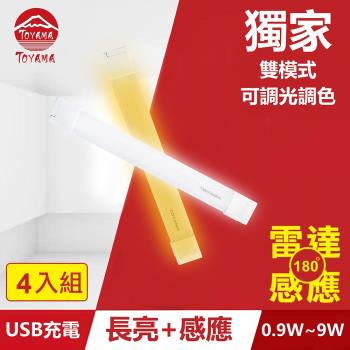 TOYAMA特亞馬TS1磁吸USB充電可調光雙模式長亮＋感應LED燈0.9W~9W 4入組 雙模式(長亮照明、感應照明)