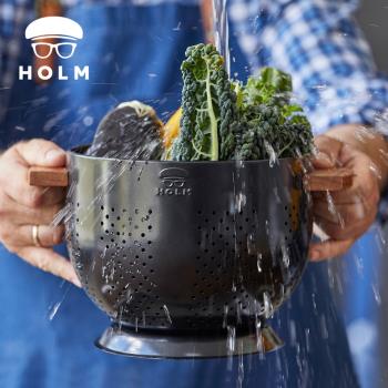 丹麥HOLM 雙耳木柄深型鐵製蔬果瀝水盆