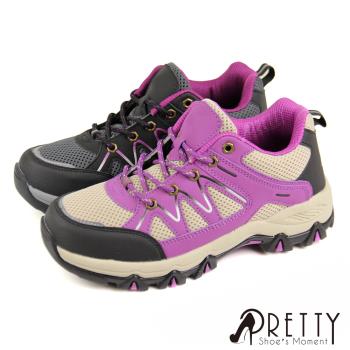Pretty 女 登山鞋 運動鞋 休閒鞋 防潑水 透氣 網布 反光 拼接 綁帶N-20592