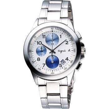agnes b. 藍白不鏽鋼三眼計時腕錶-39mm (BF8328P1/7T92-0LY0L)
