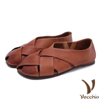 【Vecchio】真皮涼鞋低跟涼鞋/全真皮頭層牛皮交叉縷空舒適軟底低跟鞋(黑/棕)
