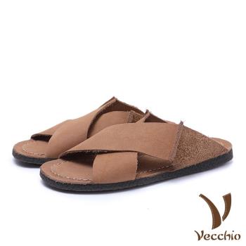 【Vecchio】真皮拖鞋平底拖鞋/全真皮頭層牛皮交叉經典造型平底拖鞋 (咖/卡其)