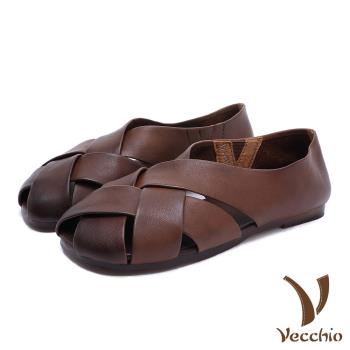 【Vecchio】真皮涼鞋低跟涼鞋/全真皮頭層牛皮交叉縷空舒適軟底低跟鞋 咖