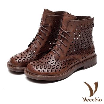 【Vecchio】真皮馬丁靴低跟馬丁靴/全真皮頭層牛皮幾何縷空沖孔寬楦舒適低跟馬丁靴 棕