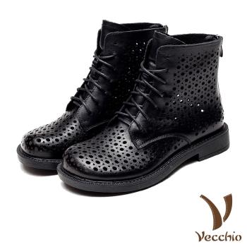 【Vecchio】真皮馬丁靴低跟馬丁靴/全真皮頭層牛皮幾何縷空沖孔寬楦舒適低跟馬丁靴 黑
