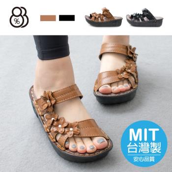 【88%】MIT台灣製 前2.5後5cm拖鞋 休閒百搭立體小花 皮革楔型厚底圓頭涼拖鞋