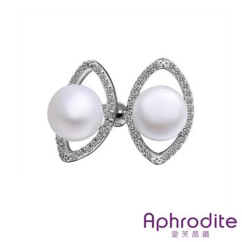 【Aphrodite 愛芙晶鑽】橢圓美鑽線條珍珠造型耳環 白金色