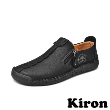 【Kiron】平底樂福鞋休閒樂福鞋/復古縫線擦色造型舒適休閒樂福鞋-男鞋 黑