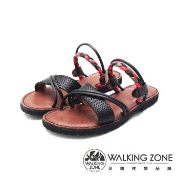 WALKING ZONE(女)民族風編織涼拖鞋 女鞋-黑色(另有紅色)