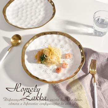 Homely Zakka 北歐輕奢風錘紋鍍金邊不規則陶瓷餐具_餐盤25cm