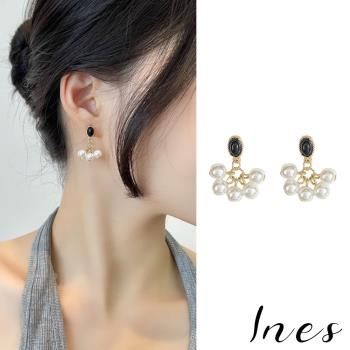 【INES】韓國設計925銀針法式復古珍珠流蘇墜寶石造型耳環